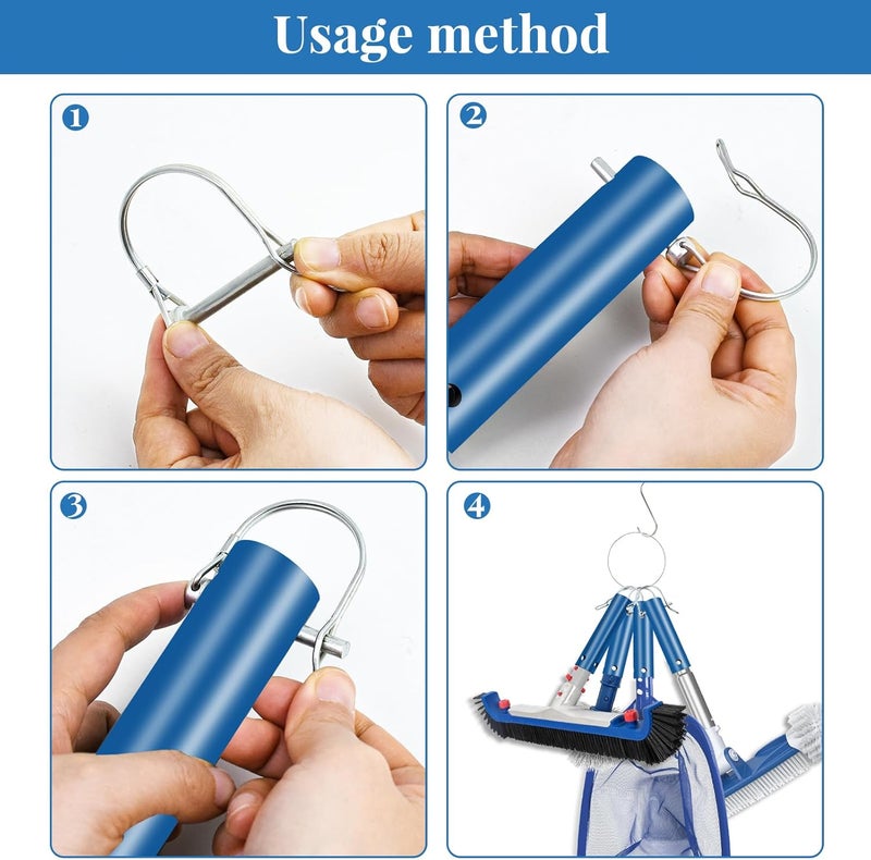 Feoang 4 Pack Pool Tool Holder and Organizer,Pool Cleaning Equipment Storage with 4 Pool Tool Holder,4 Hooks,Key Chain Loop and S Shaped Hook Easy Storage Pool Cleaning Equipment Storage for Skimmers（Blue） - Image 4